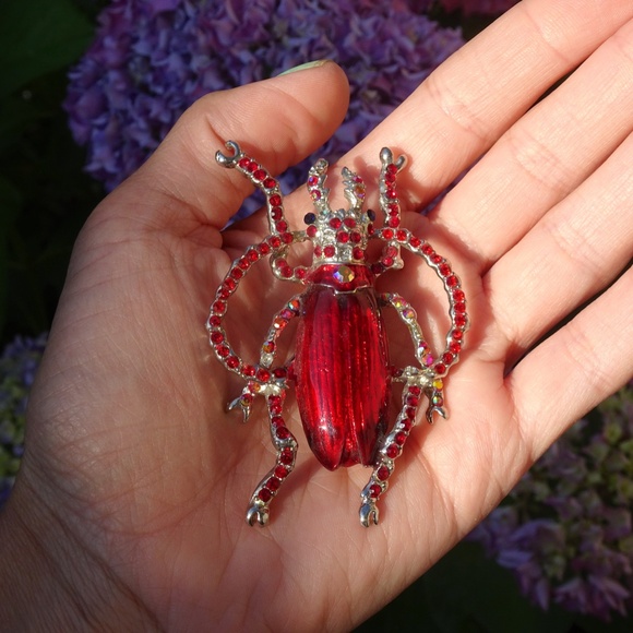 Alilang Enamel Handpainted Ruby Red Bejeweled Beetle Bug Insect Brooch Pin - Picture 8 of 8